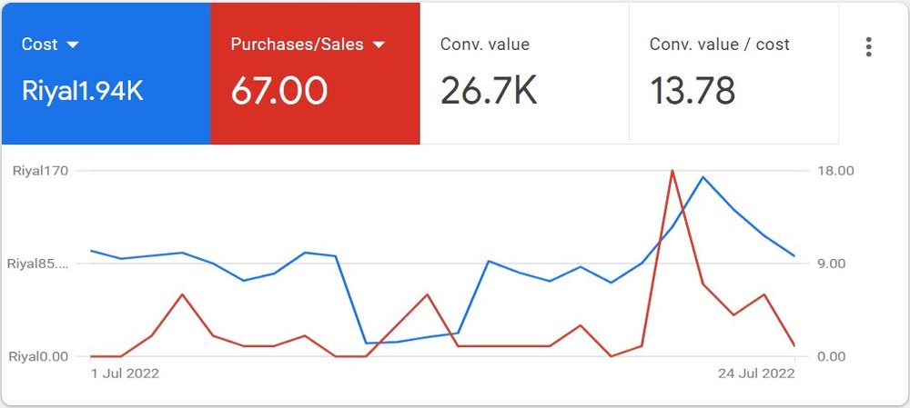Google Ads result — ROAS (value / cost) 13.78&times;